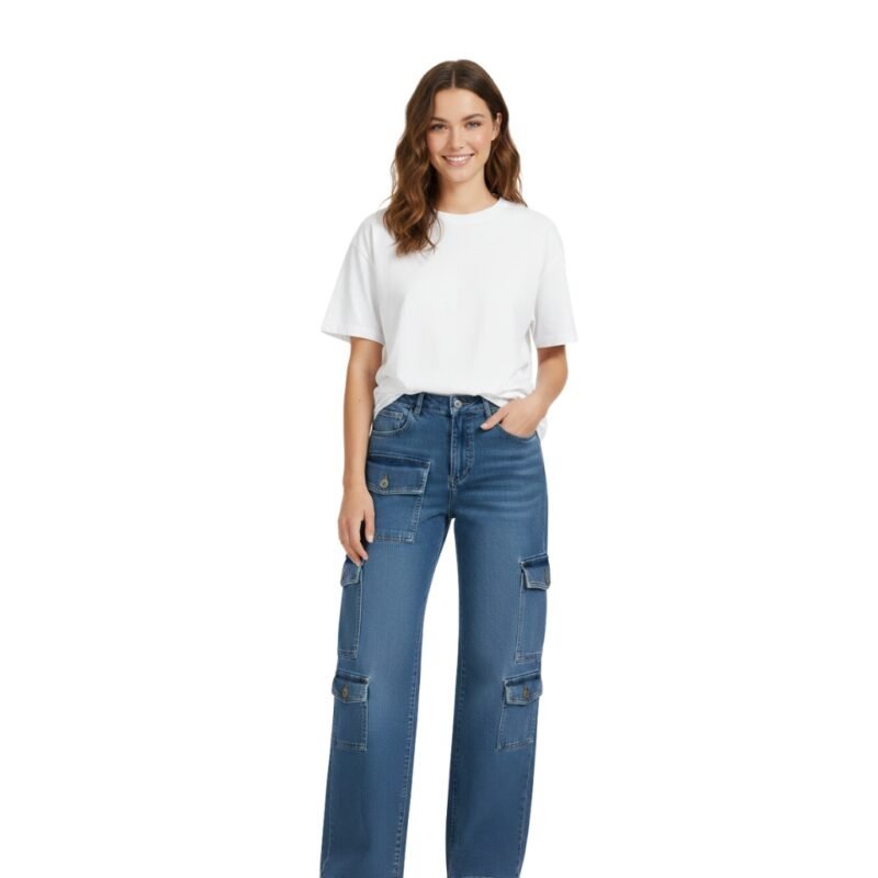 Woman smiling in white t-shirt and blue denim cargo pants, one hand in pocket, posing front view on white background.