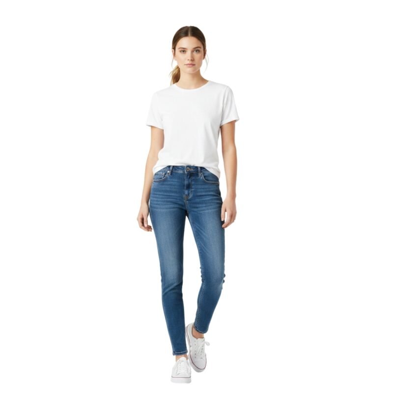 Woman wearing classic blue straight-leg denim jeans, white t-shirt, and white sneakers on a white background.