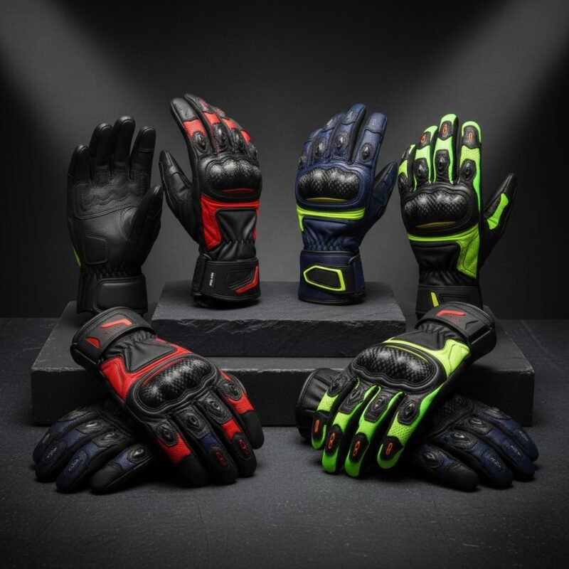Motorbike gloves in black, red, blue, and neon green arranged on a dark studio background.
