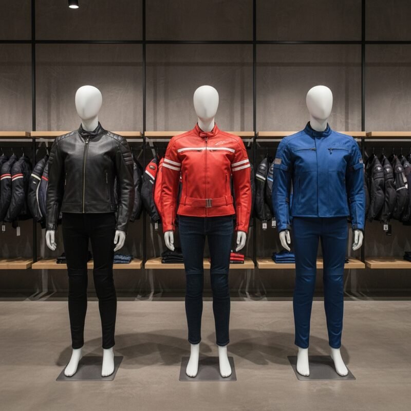 Motorbike jackets display: black, red, and blue armored riding jackets on mannequins in a store.