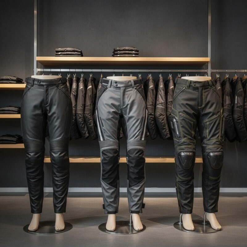 Motorbike pants displayed in a store: black and gray protective riding trousers with armored knee panels and adjustable straps.