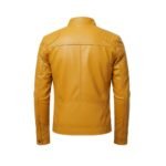 Mustard yellow men’s leather jacket in back view with stand collar and stitched panel detailing.