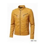 Mustard yellow men’s leather jacket with stand collar and front zipper, front view.