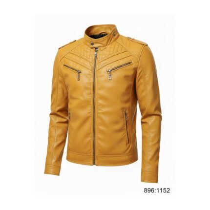 Mustard yellow men’s leather jacket with stand collar and front zipper, front view.