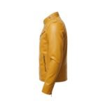 Mustard yellow men’s leather jacket side view with stand collar and stitched panel detailing.