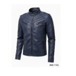 Navy men’s leather jacket front view with stand collar and zippered chest pockets