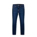 Navy blue women's straight-leg denim jeans on white background, front view, with five-pocket styling, metal button, and visible stitching.