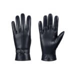 Navy women’s leather gloves—pair view with adjustable buckle detail against a white background.