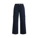 Navy blue wide-leg cargo pants with front pockets and side cargo pockets