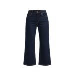 Navy women's high-waisted wide-leg denim capri pants on white background.