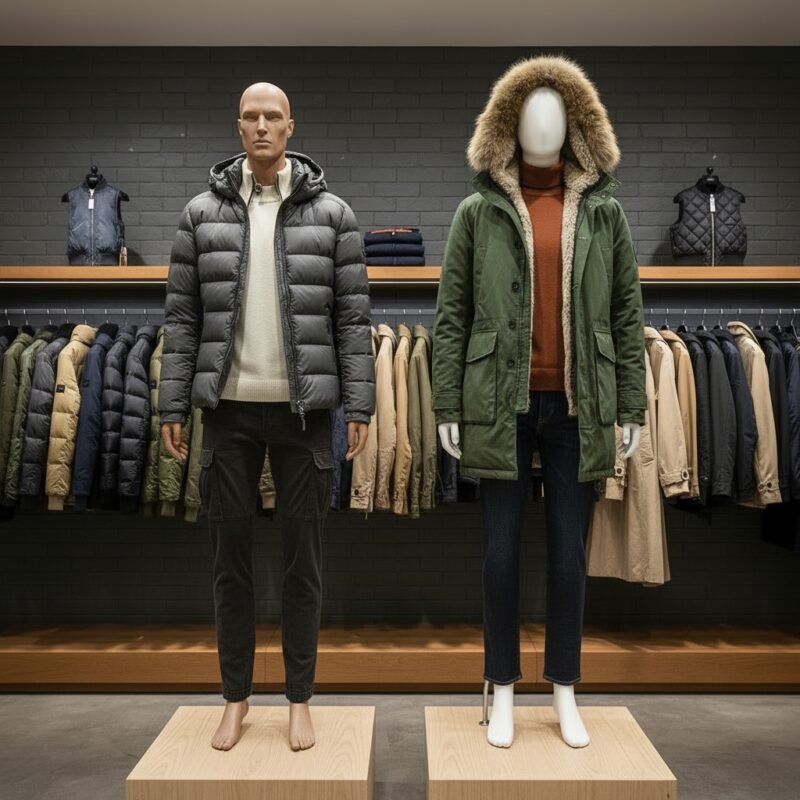 Men’s outerwear display in a boutique showroom, featuring puffer jackets, parkas, and layered coats on wooden shelves against a brick wall.
