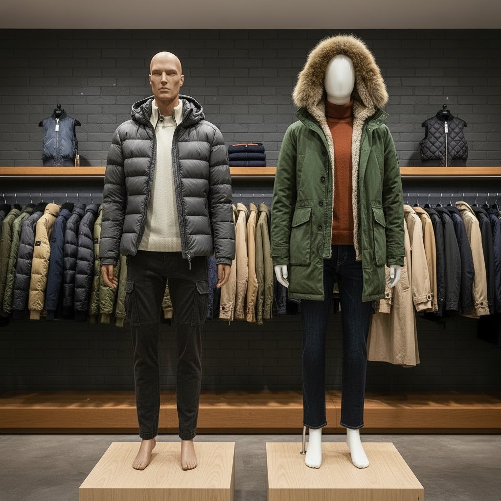 Men’s outerwear display in a boutique showroom, featuring puffer jackets, parkas, and layered coats on wooden shelves against a brick wall.