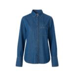 Front view of an oversized medium-wash denim shirt with chest pocket, on white background.