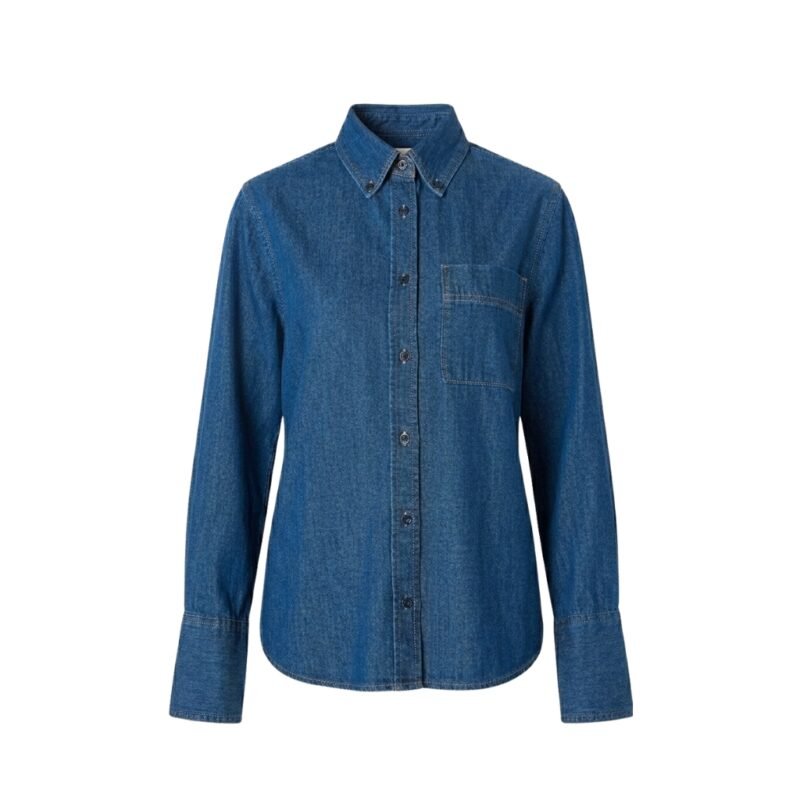 Front view of an oversized medium-wash denim shirt with chest pocket, on white background.