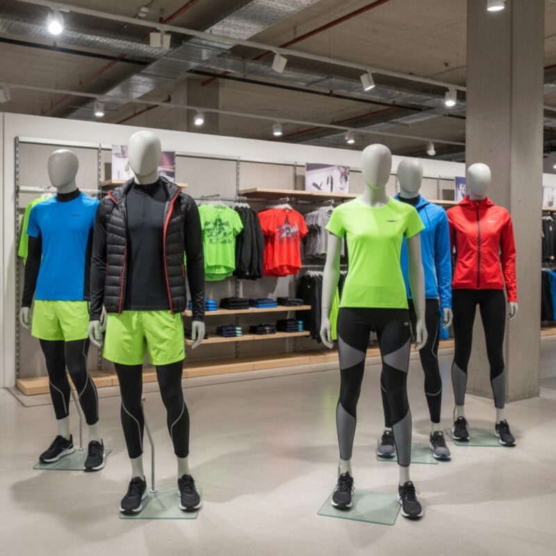 Performance wear display with mannequins in bright athletic tops, shorts, leggings, and jackets.