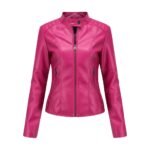 Pink women’s leather jacket front view with stand collar and center front zip.