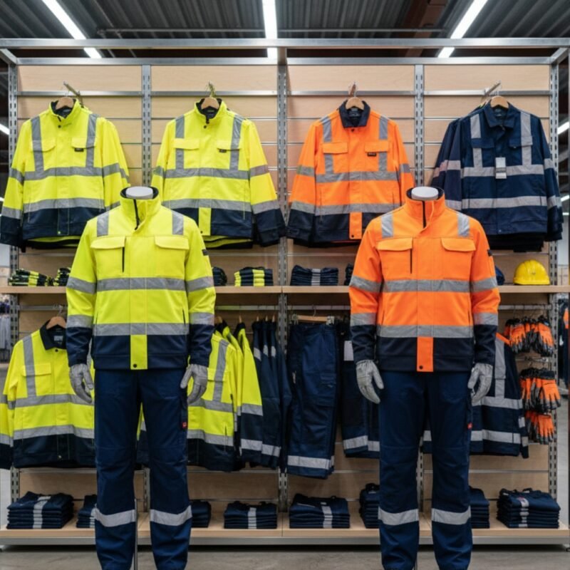 Protective workwear display showing high-visibility yellow, orange, and navy work jackets and coveralls with reflective striping, gloves, and helmets on a retail shelf.