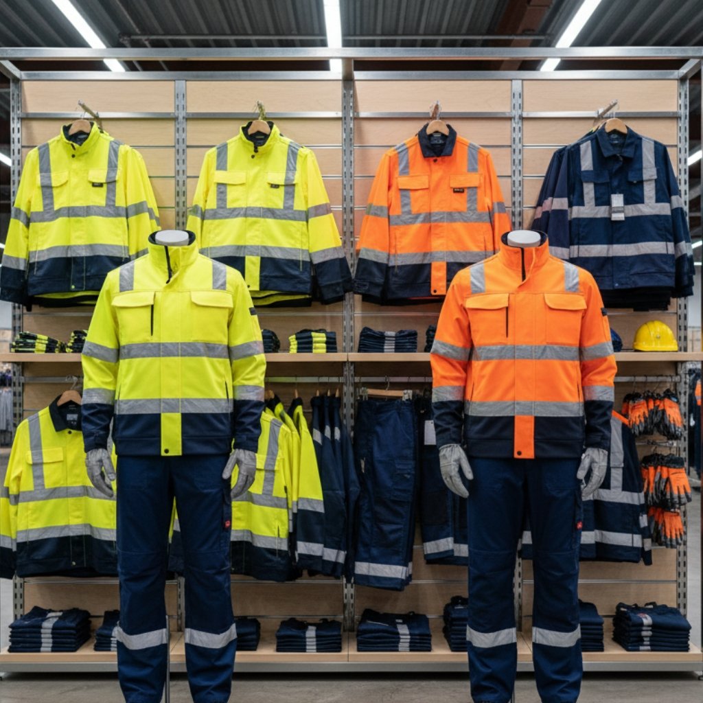 Protective workwear display showing high-visibility yellow, orange, and navy work jackets and coveralls with reflective striping, gloves, and helmets on a retail shelf.