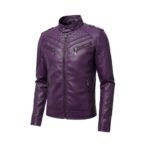 Purple men’s leather jacket front view with stand collar and multiple zippered pockets and accents.