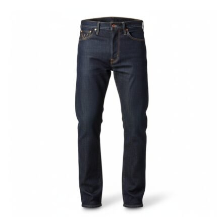 Dark wash raw denim jeans standing upright against a white background, front view showing five-pocket styling and straight-leg silhouette.