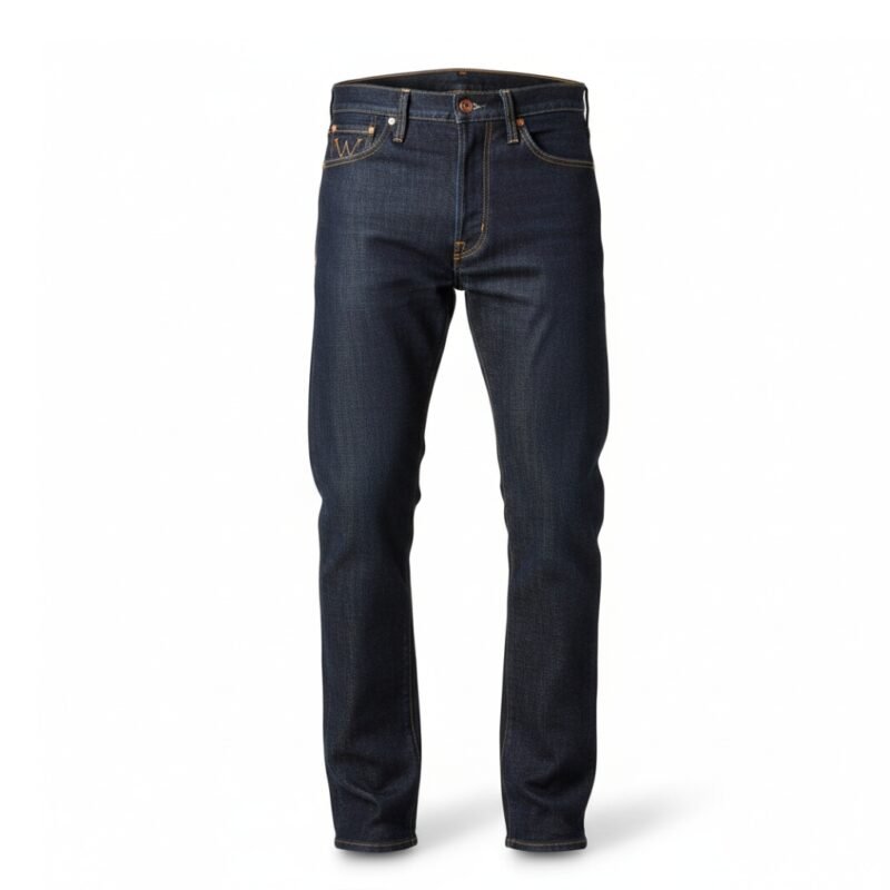 Dark wash raw denim jeans standing upright against a white background, front view showing five-pocket styling and straight-leg silhouette.