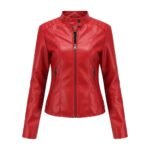 Red women’s leather jacket front view with stand collar and center front zipper.