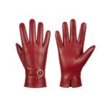 Red women’s leather gloves—pair view with metal-ring buckle detail against a white background.