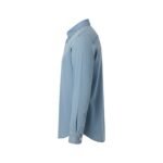 Men’s light blue denim button-down shirt, side view with long sleeves and buttoned cuffs, on a white background.