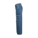 Side view of women's wide-leg cargo pants in medium-wash denim