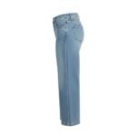 Light-wash denim capri pants shown from the side on a white background.