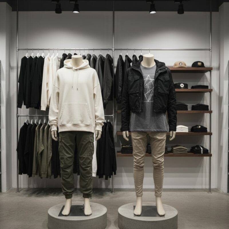 Streetwear clothing display with mannequins wearing a cream hoodie, olive cargo joggers, and a black jacket over a graphic t-shirt, styled in a modern retail store.