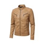 Tan men’s leather jacket with stand collar and central front zipper, featuring zippered chest pockets and side zip details