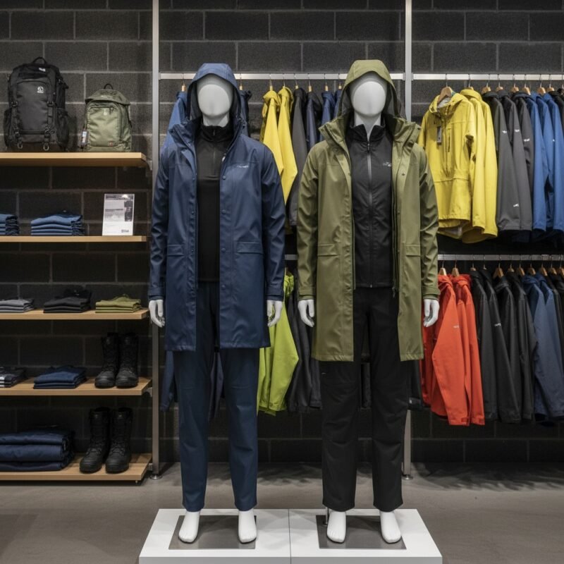Two waterproof outerwear (rain coats) displayed on mannequins in a store, with hooded jackets in blue and olive green.