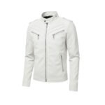 White men’s leather jacket front view with stand collar and multiple zippered details.