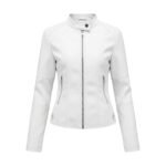 White women’s leather jacket front view with stand collar and center front zipper.