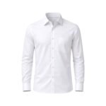 Men’s white long-sleeve dress shirt, front view laid flat on a white background.
