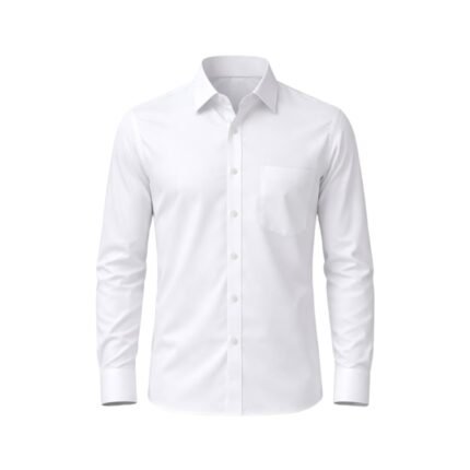 Men’s white long-sleeve dress shirt, front view laid flat on a white background.