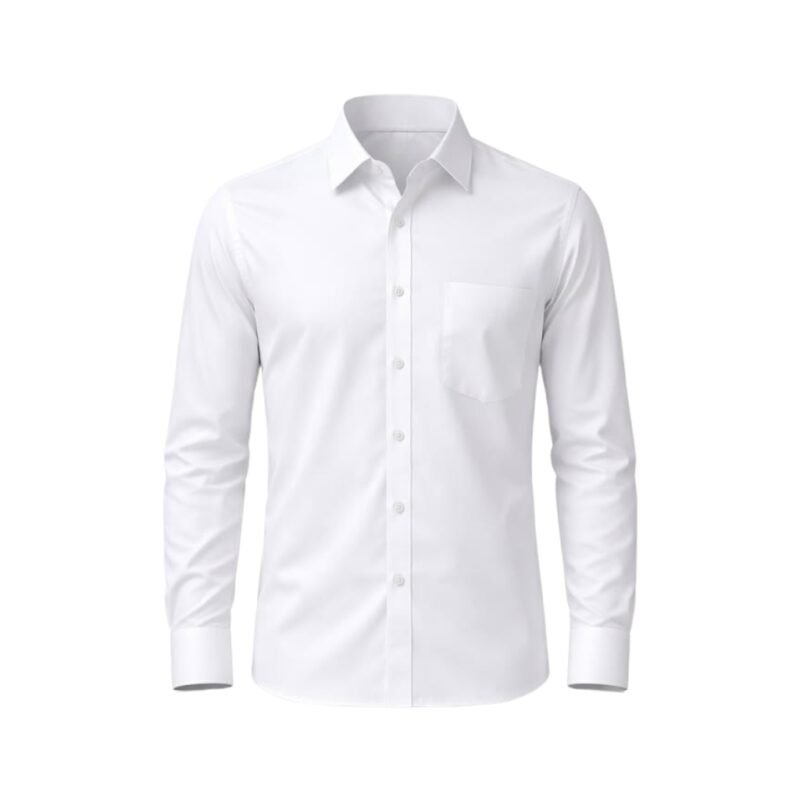 Men’s white long-sleeve dress shirt, front view laid flat on a white background.