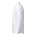 Side view of a men’s white long-sleeve dress shirt laid flat on a white background.