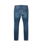 Back view of slim-fit women's blue denim jeans with classic five-pocket styling and leather brand patch on waistband.