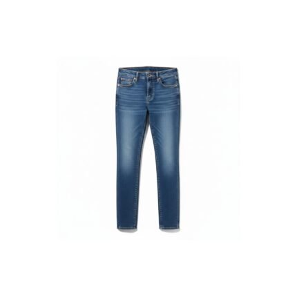 Front view of a pair of blue women's denim jeans laid flat against a white background, showing five-pocket styling and classic straight-leg cut.