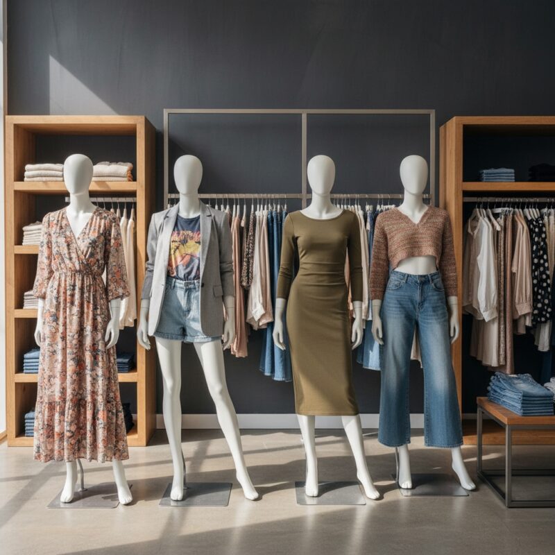 Women’s fashion display in a boutique with mannequins wearing a long floral dress and a fitted dress, paired with a jacket and denim pants, alongside neatly arranged clothing on racks.