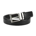Black leather belt with a silver rectangular buckle