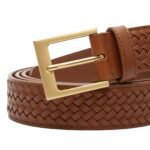 Close-up of a women’s brown leather belt with a woven texture and a gold-tone rectangular buckle.