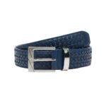 Dark gray-blue women’s leather belt with a woven strap and silver rectangular buckle in a front view