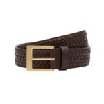 Dark gray-brown women’s leather belt with a gold rectangular buckle in a front view