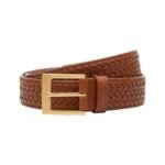 Women’s brown leather belt with a braided pattern and gold buckle, shown from the full front view.