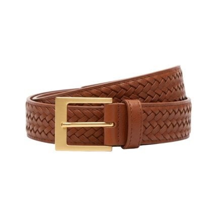Women’s brown leather belt with a braided pattern and gold buckle, shown from the full front view.