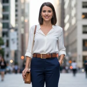 Women’s leather belt worn by a model, featuring a brown leather woven strap and a gold rectangular buckle