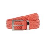 Red women’s leather belt with a silver rectangular buckle in a front view
